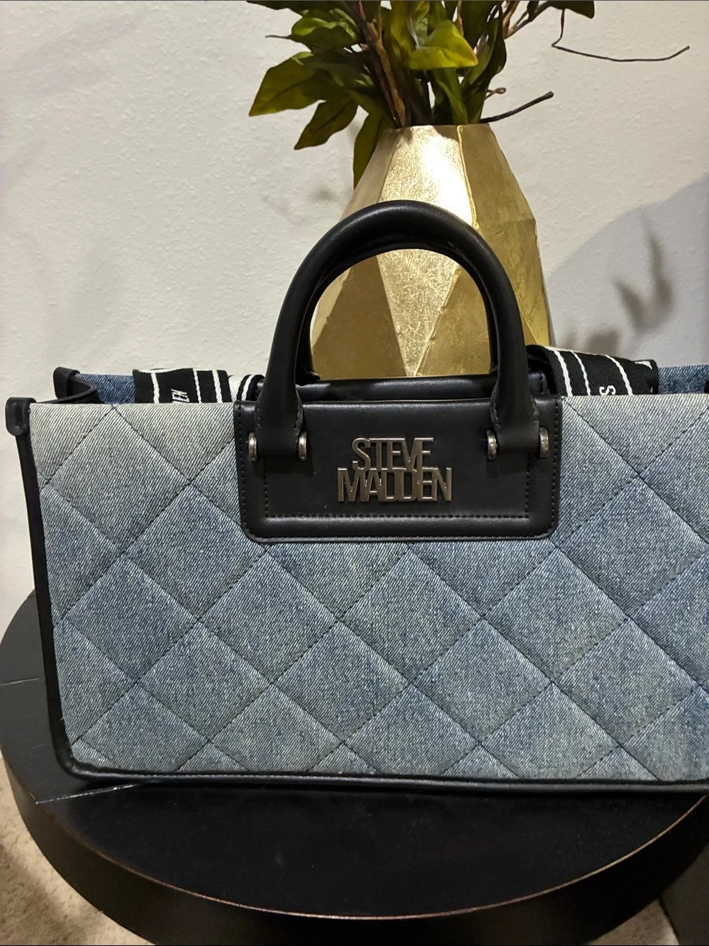 Steve Madden Blue Quilted Denim Tote with Black Trim and White Logo Strap